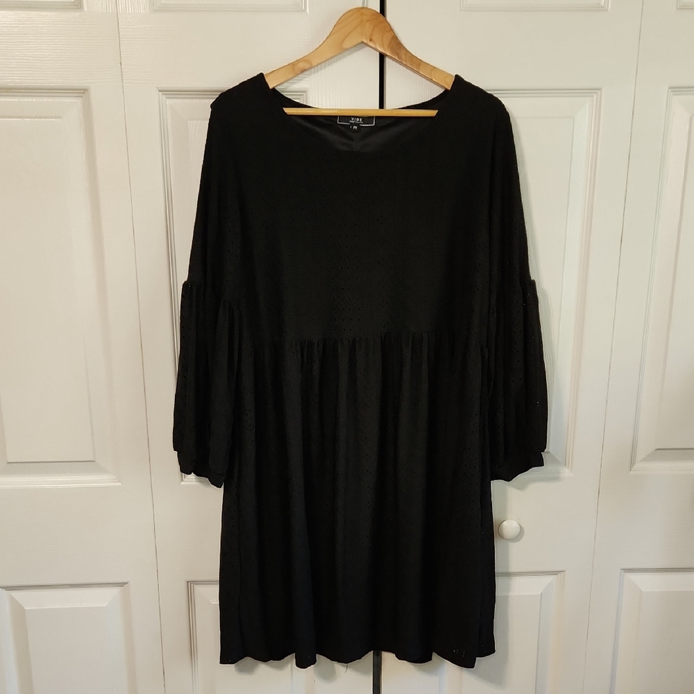 Vibe Sportswear Womens Black Eyelet Peplum Dress Size 2X Boho Prairie Neutral